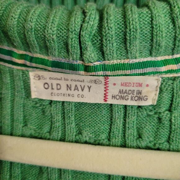 Old Navy Y2K Ribbed Cable Knit Hooded Sweater Womens Medium M Green Deep V Neck - Picture 6 of 10